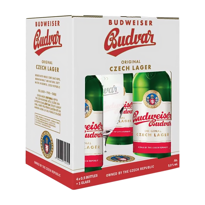Набір пива Budweiser Budvar Original 0.5л х 4шт + келих 0.33л купити в Hop Hey | Море Пива Набір пива Budweiser Budvar Original 0.5л х 4шт + келих 0.33л