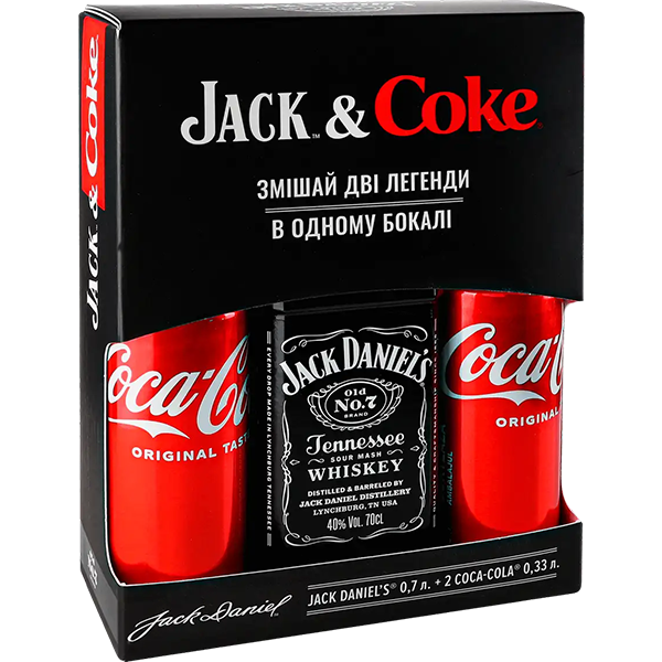 Подарунковий набір віскі Jack Daniel's Old No.7 0.7л + Coca-Cola 0.33л x 2шт купити в Hop Hey | Море Пива Подарунковий набір віскі Jack Daniel's Old No.7 0.7л + Coca-Cola 0.33л x 2шт