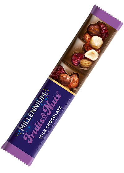Шоколад Millennium «Fruits & Nuts» молочный с миндалем, фундуком, клюквой и изюмом, 35 г