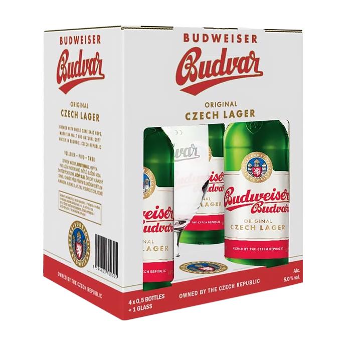 Набір пива Budweiser Budvar Original 0.5л х 4шт + келих 0.33л
