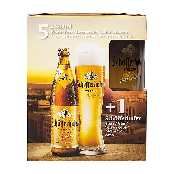 Набір пива Schofferhofer Hefeweizen 0.5л x 5шт + келих 0.5л