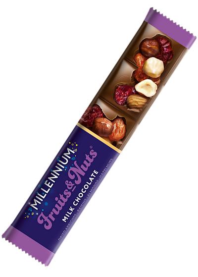 Шоколад Millennium «Fruits & Nuts» молочний з мигдалем, фундуком, журавлиною та родзинками, 35 г