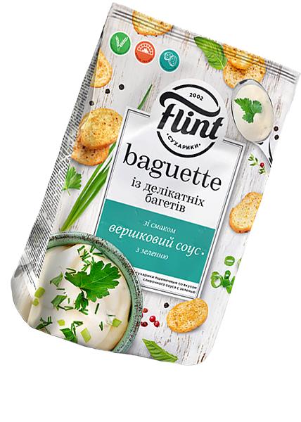 Сухарики пшеничні «Flint Baguette» зі смаком вершкового соусу із зеленню, 100г